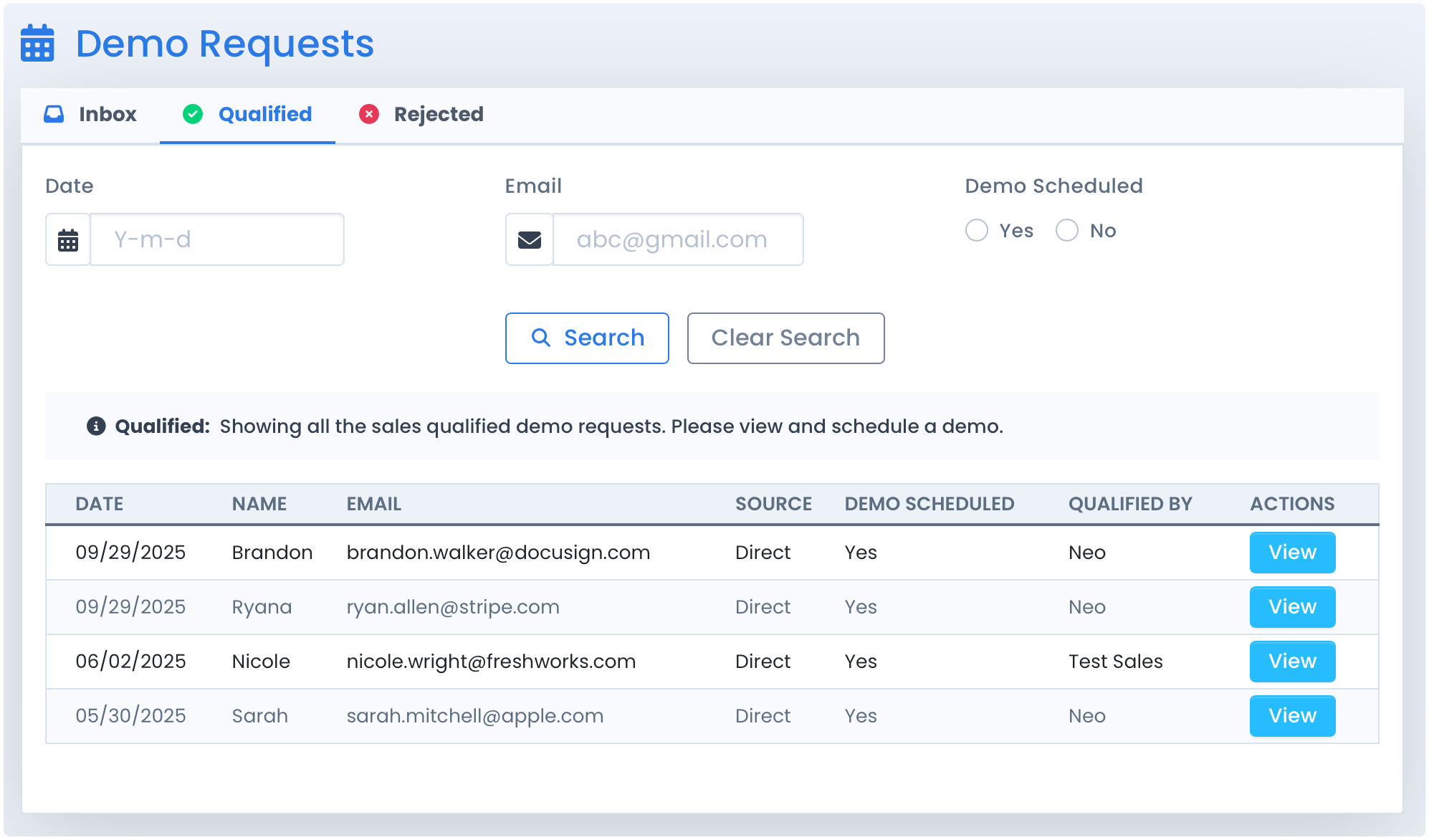 Demo Requests Inbox Interface